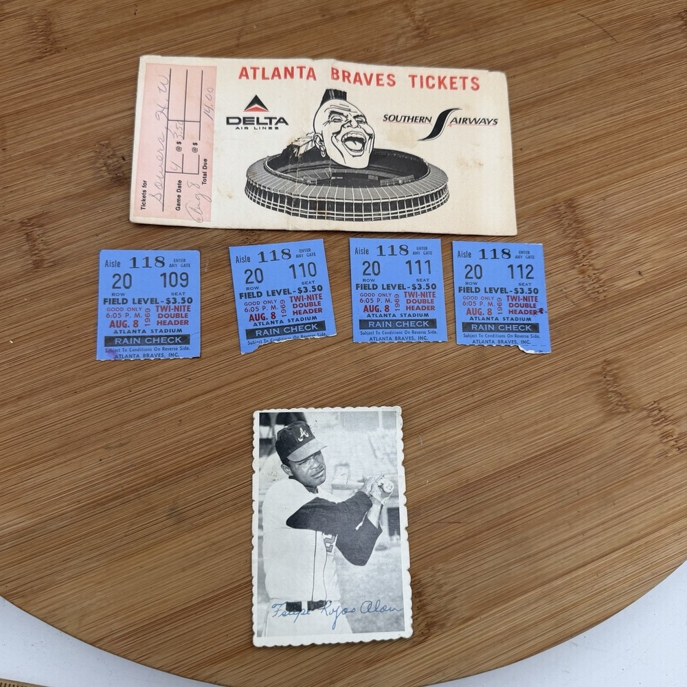 1969‎ Braves VS Mets Ticket Lot (4) Aug 8 Doubleheader Hank Aaron + Envelope